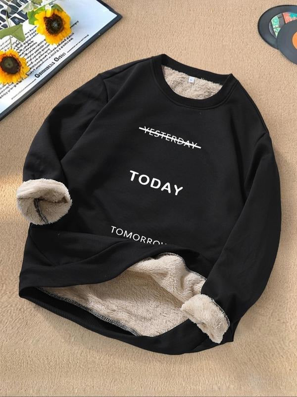 Men's Letter Print Plush Sweatshirt, Regular Fit Casual Soft Comfy Long Sleeve Round Neck Pullover for Fall & Winter,...