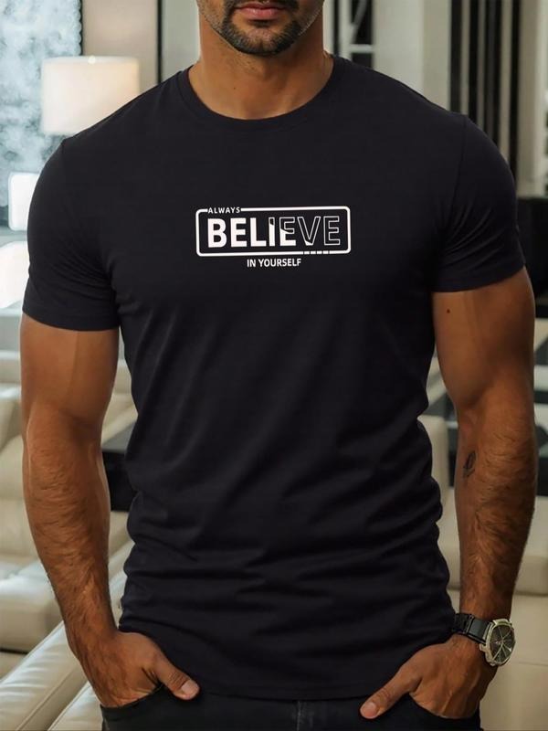 Men's Letter Print Round Neck Crop Tee, Regular Fit Casual Short Sleeve Crew Neck T-shirt for Daily Wear, Men's Top for...