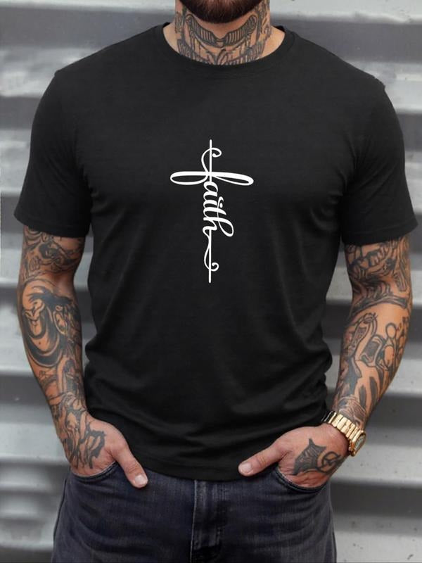 Men's Letter Print Round Neck Crop Tee, Regular Fit Casual Short Sleeve Crew Neck T-shirt for Daily Wear, Men's Top for...