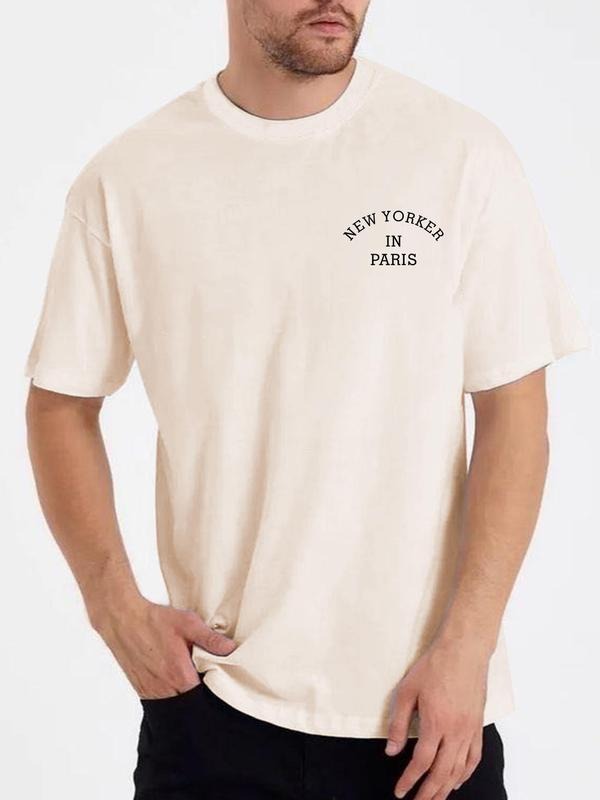 Men's Letter Print Round Neck Drop Shoulder Tee, Summer Clothes Regular Fit Crew Neck Short Sleeve T-shirt for Men,...