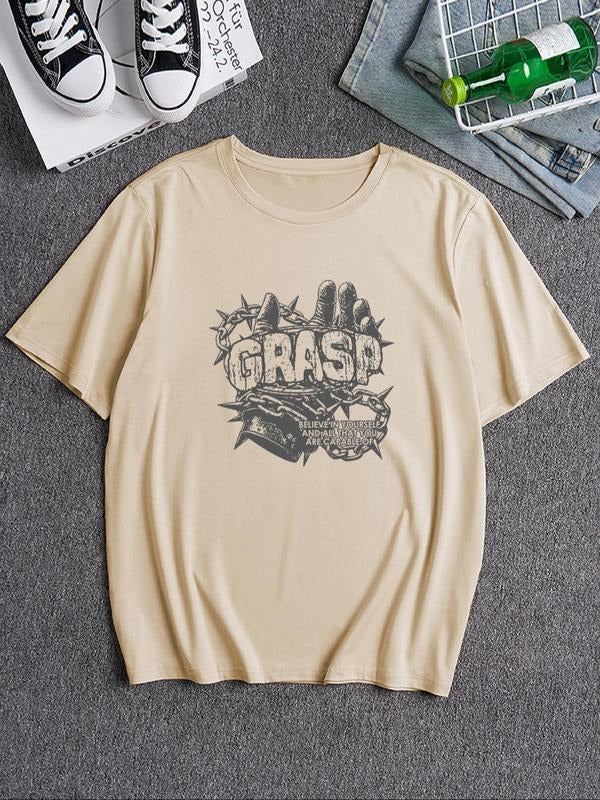 Men's Letter Print Round Neck Graphic Tee, Loose Casual Short Sleeve Crew Neck T-Shirt for Summer, Fashion Men's Top for...