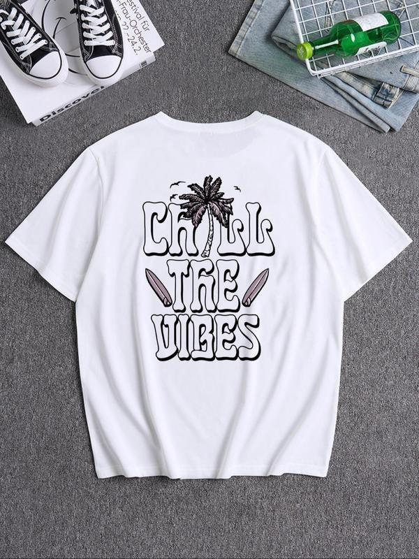 Men's Letter Print Round Neck Graphic Tee, Loose Casual Short Sleeve T-shirt for Summer, Men's Top for Beach Vacation...