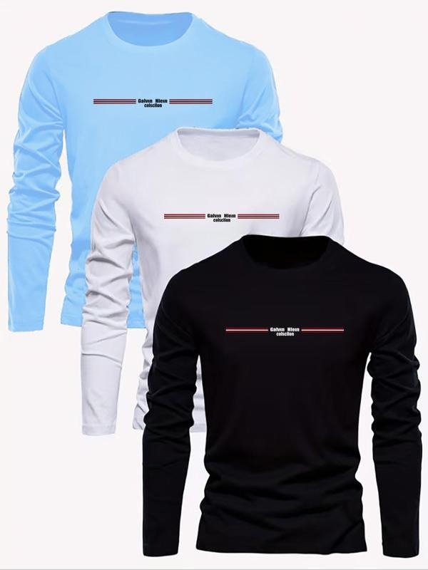 Men's Letter Print Round Neck Long Sleeve Tee, 2024 New Style Regular Fit Casual Crew Neck T-shirt for Fall & Winter,...