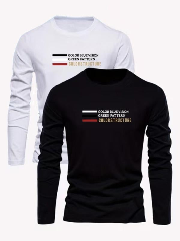 Men's Letter Print Round Neck Long Sleeve Tee, Regular Fit Casual Crew Neck T-shirt for Fall & Winter, Men's Top for...