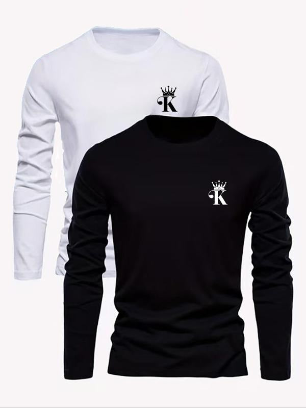 Men's Letter Print Round Neck Long Sleeve Tee, Regular Fit Casual Crew Neck T-shirt for Fall & Winter, Men's Top for...