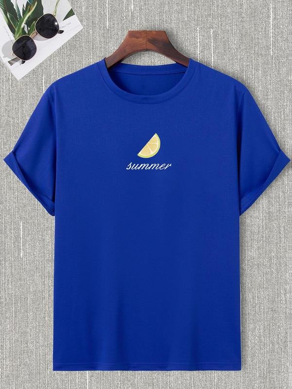 Men's Letter Print Round Neck Regular Sleeve Tee, Summer Clothes Lemon Fruit Graphic Crew Neck Short Sleeve T-Shirt,...