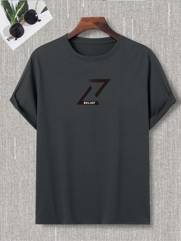 Men's Letter Print Round Neck Short Sleeve Tee, Casual Summer Clothes Comfy Graphic Top, Printed T-Shirt for Summer...