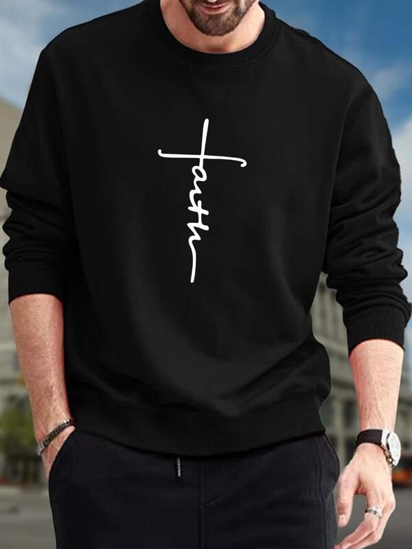 Men's Letter Print Round Neck Sweatshirt Without Necklace, Regular Fit Casual Long Sleeve Crew Neck Pullover For Fall &...