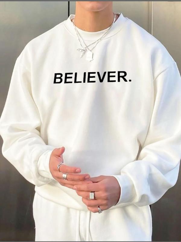 Men's Letter Print Round Neck Sweatshirt, Regular Fit Casual Fashion Drop Shoulder Long Sleeve Pullover for Fall &...