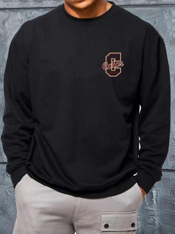Men's Letter Print Round Neck Sweatshirt, Regular Fit Casual Fashion Long Sleeve Pullover for Fall & Winter, Men's...