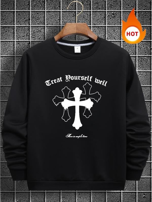 Men's Letter Print Round Neck Sweatshirt, Regular Fit Casual Long Sleeve Crew Neck Pullover for Fall & Winter, Men's...