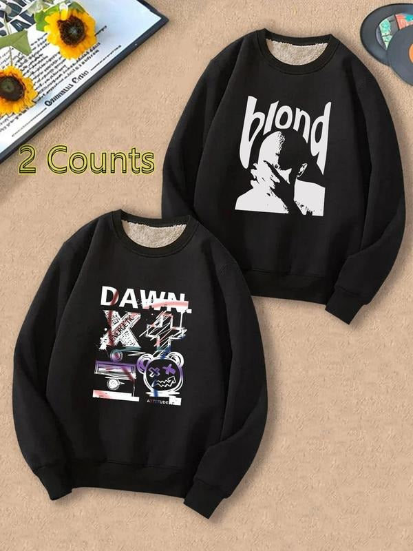 Men's Letter Print Round Neck Sweatshirt, Regular Fit Casual Long Sleeve Crew Neck Pullover for Fall & Winter, Men's...