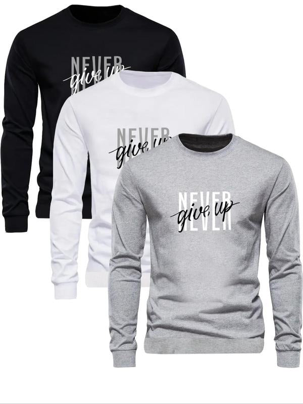 Men's Letter Print Round Neck Sweatshirt, Regular Fit Casual Long Sleeve Crew Neck Pullover for Fall & Winter, Men's...