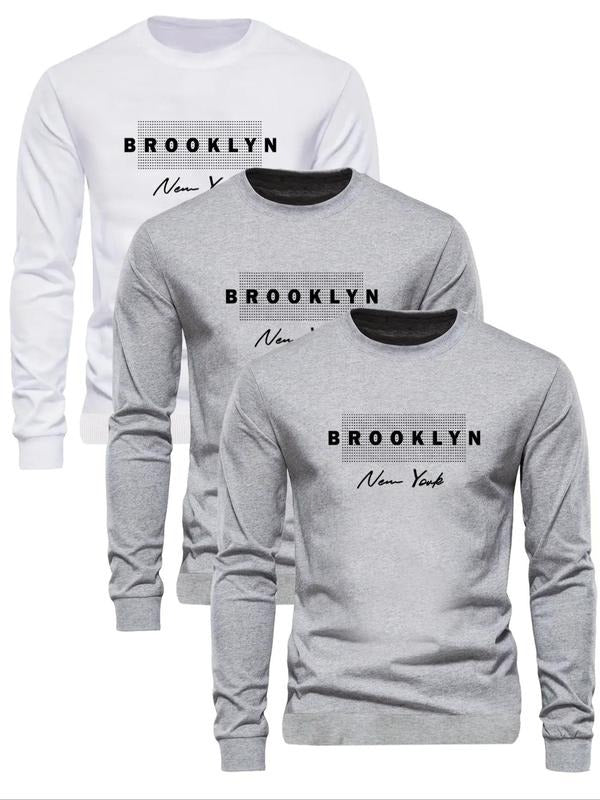 Men's Letter Print Round Neck Sweatshirt, Regular Fit Casual Long Sleeve Crew Neck Pullover for Fall & Winter, Men's...