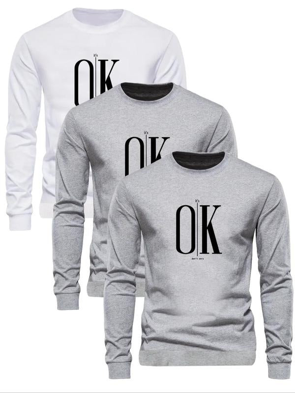Men's Letter Print Round Neck Sweatshirt, Regular Fit Casual Long Sleeve Crew Neck Pullover for Fall & Winter, Men's...