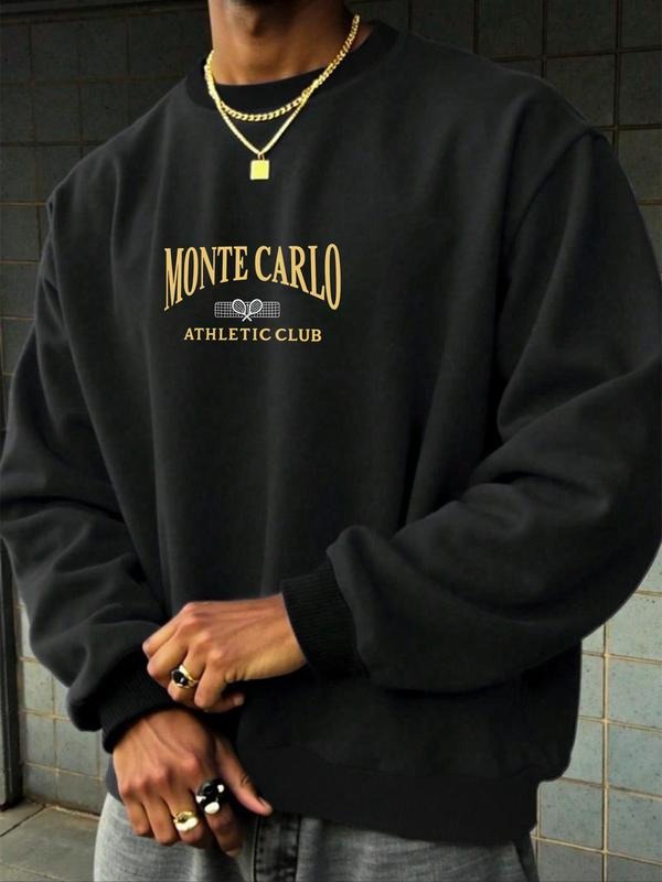 Men's Letter Print Round Neck Sweatshirt, Regular Fit Casual Long Sleeve Crew Neck Pullover for Winter, Fashion Men's Top...