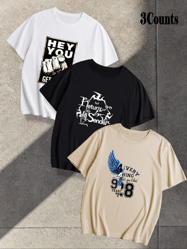 Men's Letter Print Round Neck Tee, Casual Crew Neck Short Sleeve T-shirt for Summer, Fashion Men's Top for Daily Wear...