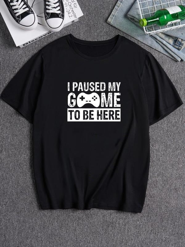 Men's Letter Print Round Neck Tee, Casual Game Console Print Short Sleeve T-shirt for Summer, Fashion Men's Top for Daily...