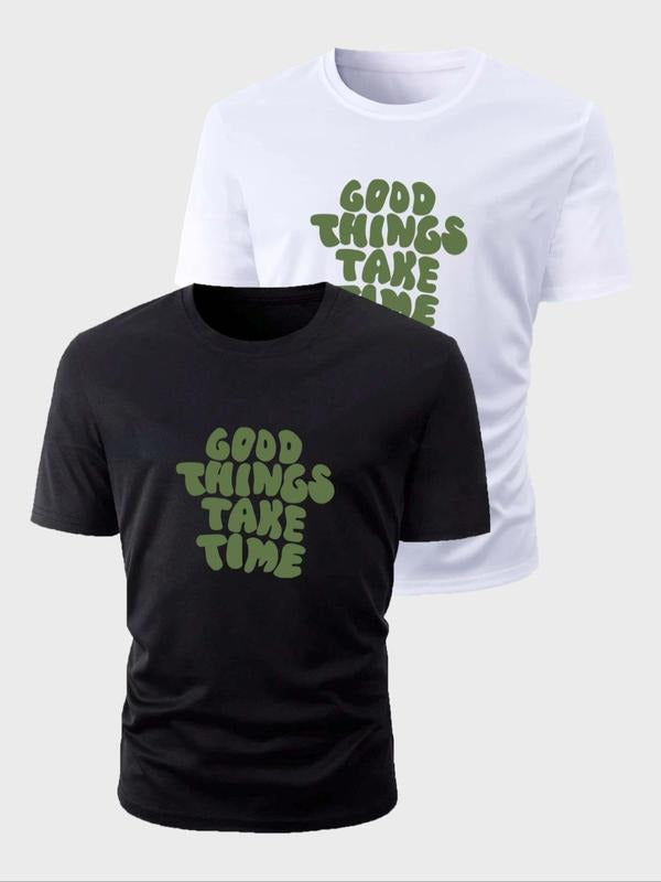 Men's Letter Print Round Neck Tee, Casual Short Sleeve Crew Neck T-shirt for Summer, Fashion Men's Top for Daily Wear...