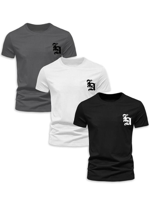 Men's Letter Print Round Neck Tee, Casual Short Sleeve Crew Neck T-shirt for Summer, Men's Regular Fit Clothes for Daily...