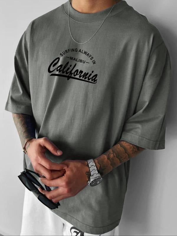 Men's Letter Print Round Neck Tee, Casual Summer Clothes, Regular Fit Fashion Half Sleeve T-shirt, Men's Top for Daily...
