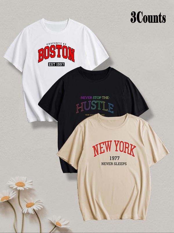 Men's Letter Print Round Neck Tee, Loose Casual Comfy Breathable Short Sleeve Crew Neck T-shirt for Summer, Men's...