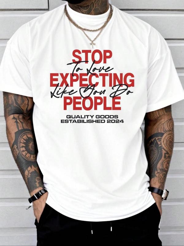 Men's Letter Print Round Neck Tee, Loose Casual Fashion Short Sleeve T-shirt for Summer, Men's Top for Daily Wear style...