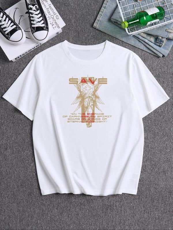 Men's Letter Print Round Neck Tee, Loose Casual Short Sleeve Crew Neck T-Shirt for Daily Wear, Men's Top for All Seasons...