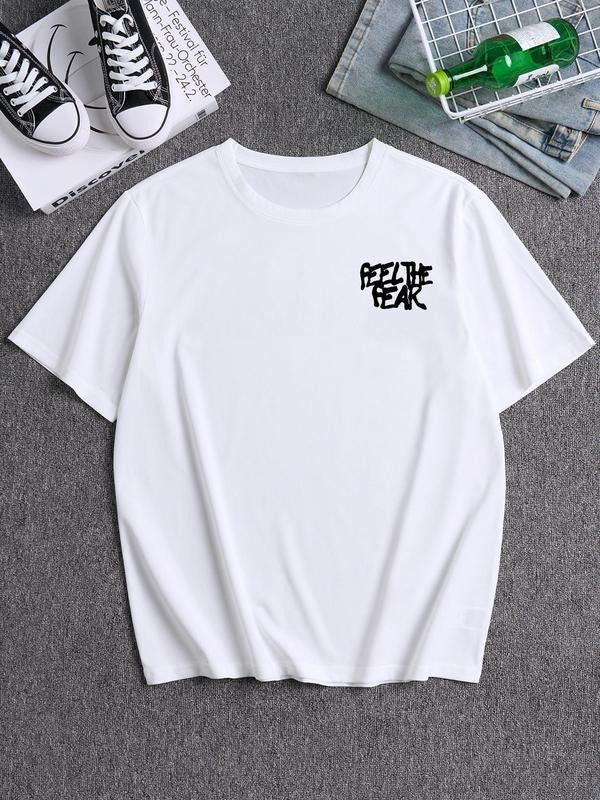 Men's Letter Print Round Neck Tee, Loose Casual Short Sleeve Crew Neck T-Shirt for Summer, Fashion Men's Top for Daily...