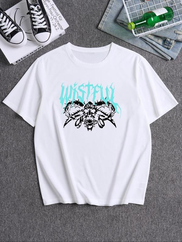Men's Letter Print Round Neck Tee, Loose Casual Short Sleeve Crew Neck T-Shirt for Summer, Fashion Men's Top for Daily...