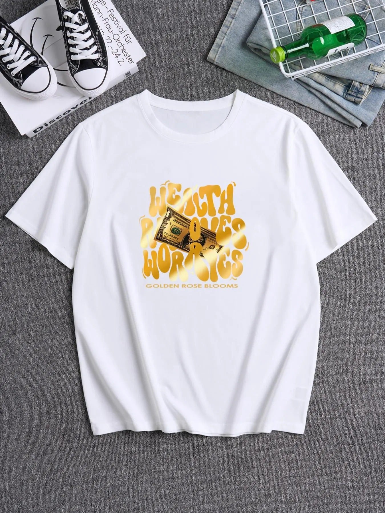 Men's Letter Print Round Neck Tee, Loose Casual Short Sleeve Crew Neck T-Shirt for Summer, Fashion Men's Top for Daily...