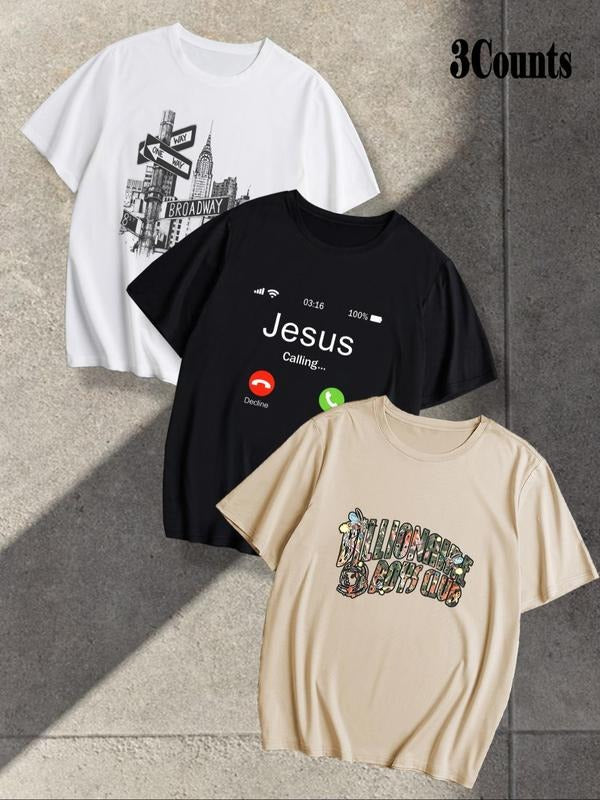 Men's Letter Print Round Neck Tee, Loose Casual Short Sleeve T-shirt for Summer, Men's Top for Daily Wear style 02...