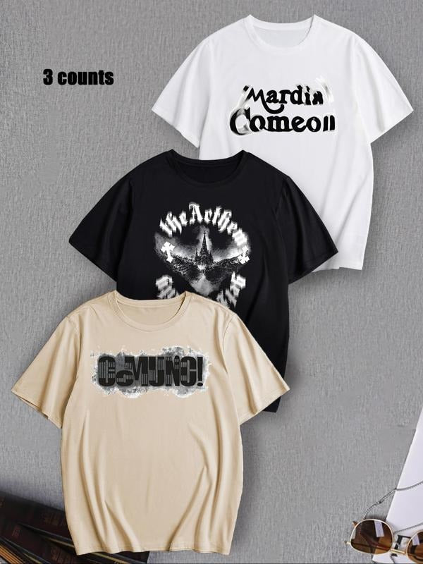 Men's Letter Print Round Neck Tee, Loose Casual Short Sleeve T-shirt for Summer, Men's Top for Daily Wear style 05...