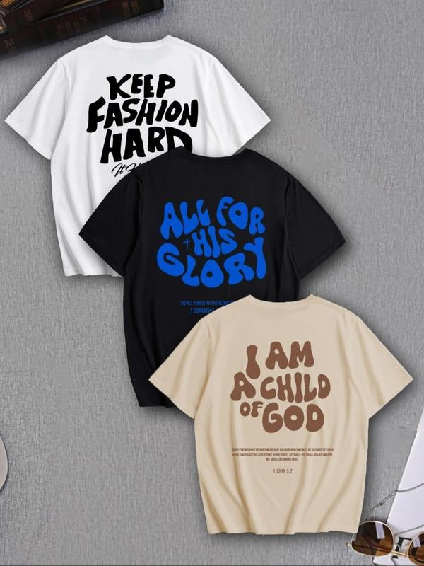 Men's Letter Print Round Neck Tee, Loose Street Fashion Casual Short Sleeve T-shirt for Summer, Men's Clothes for Daily...
