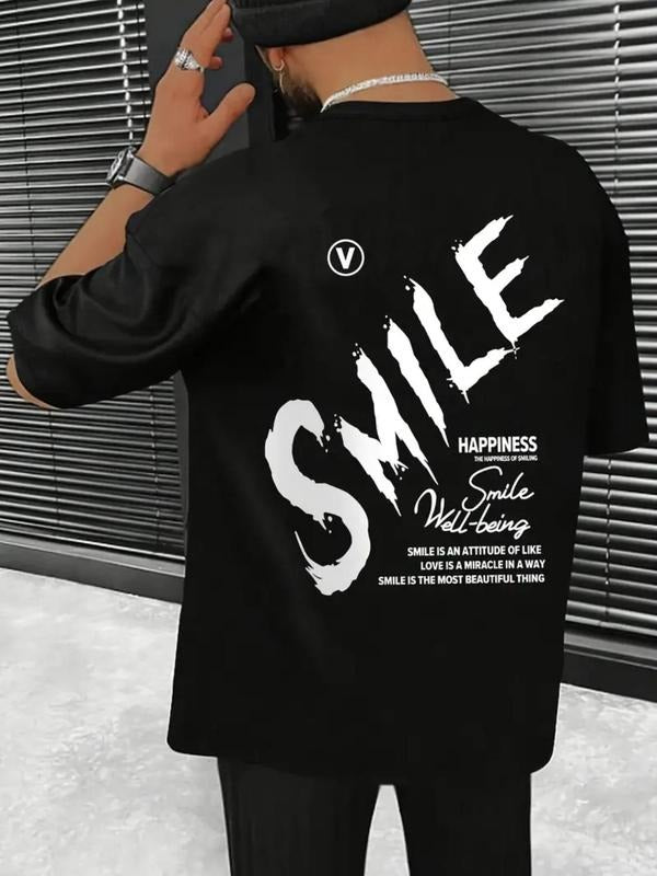 Men's Letter Print Round Neck Tee, Regular Fit Casual Drop Shoulder Short Sleeve T-shirt for Summer, Men's Top for Daily...