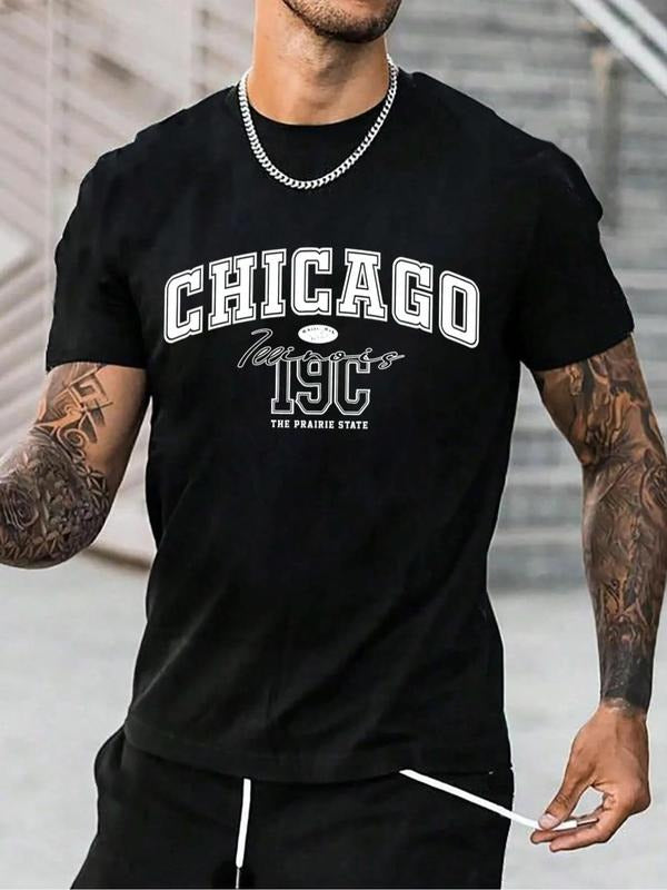 Men's Letter Print Round Neck Tee, Regular Fit Casual Short Sleeve Crew Neck T-Shirt for Daily Wear, Fashion Men's Top...
