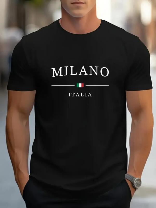 Men's Letter Print Round Neck Tee, Regular Fit Casual Short Sleeve Crew Neck T-Shirt for Daily Wear, Fashion Men's Top...