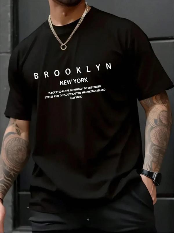 Men's Letter Print Round Neck Tee, Regular Fit Casual Short Sleeve Crew Neck T-Shirt for Daily Wear, Men's Top for All...
