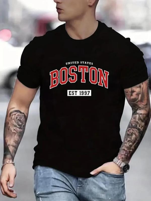 Men's Letter Print Round Neck Tee, Regular Fit Casual Short Sleeve Crew Neck T-Shirt for Daily Wear, Men's Top for All...