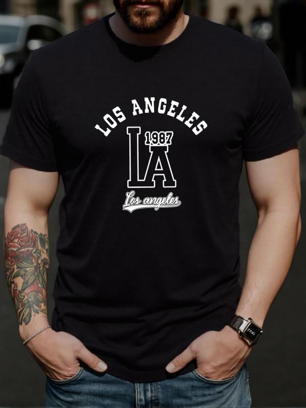 Men's Letter Print Round Neck Tee, Regular Fit Casual Short Sleeve Crew Neck T-Shirt for Daily Wear, Men's Top for All...