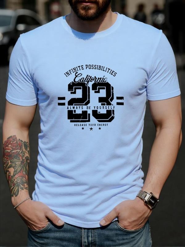 Men's Letter Print Round Neck Tee, Regular Fit Casual Short Sleeve Crew Neck T-Shirt for Daily Wear, Men's Top for All...