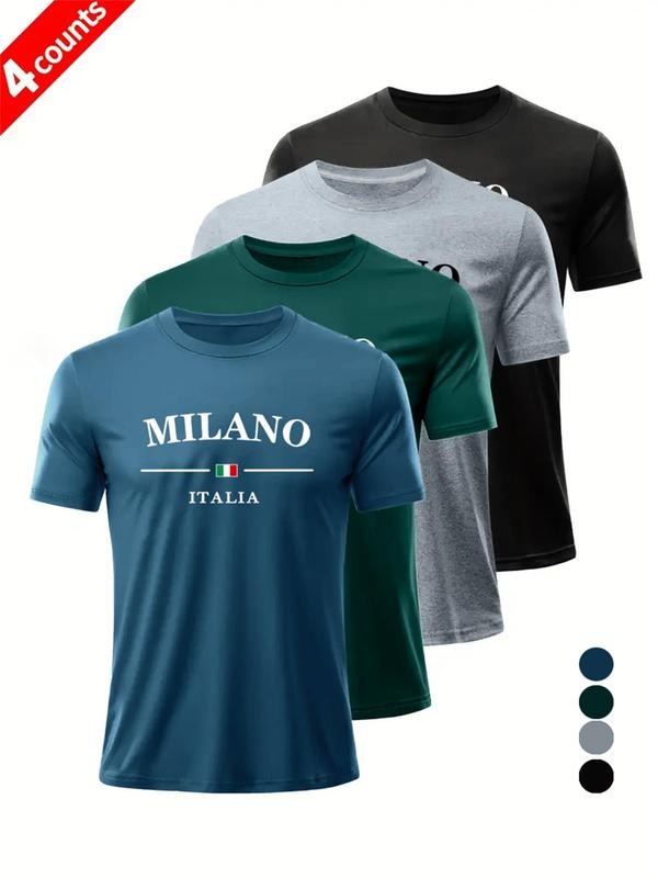 Men's Letter Print Round Neck Tee, Regular Fit Casual Short Sleeve Crew Neck T-Shirt for Summer, Fashion Men's Top for...
