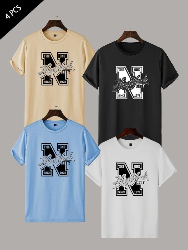 Men's Letter Print Round Neck Tee, Regular Fit Casual Short Sleeve Crew Neck T-Shirt for Summer, Fashion Men's Top for...