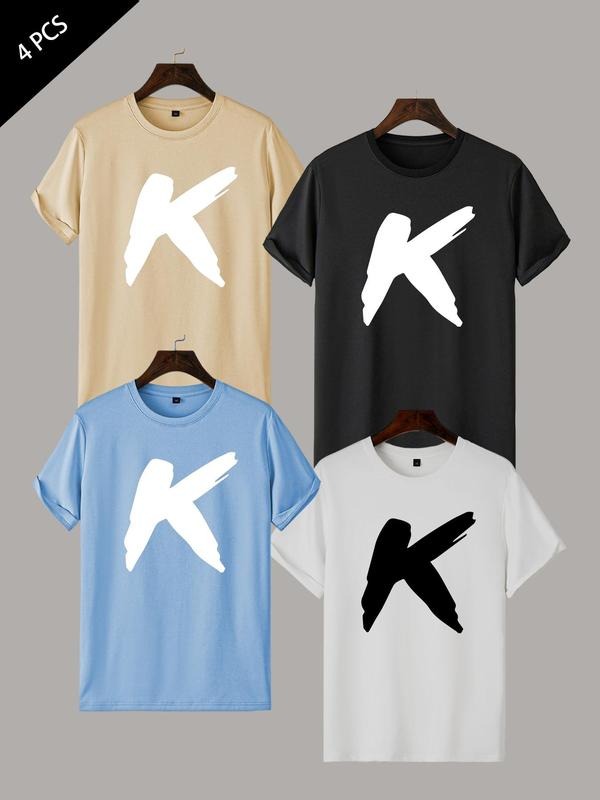 Men's Letter Print Round Neck Tee, Regular Fit Casual Short Sleeve Crew Neck T-Shirt for Summer, Fashion Men's Top for...