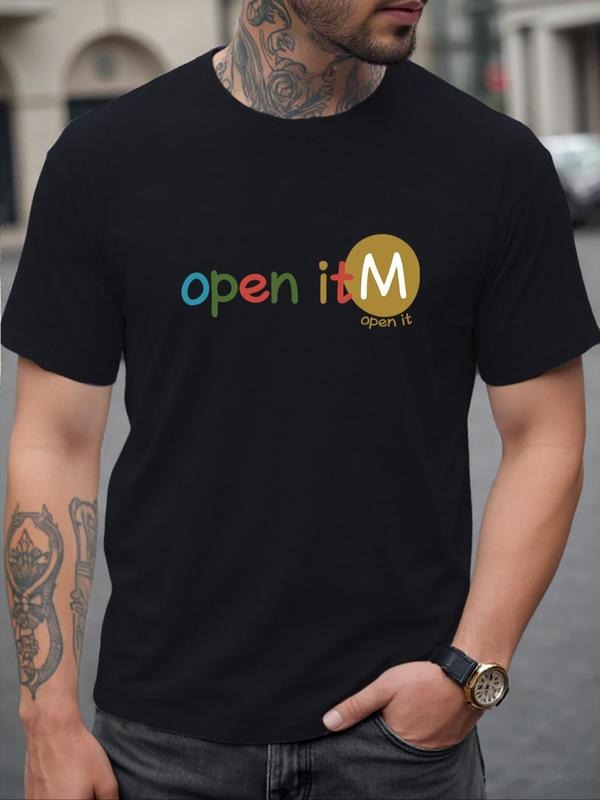 Men's Letter Print Round Neck Tee, Regular Fit Casual Short Sleeve Crew Neck T-Shirt for Summer, Fashion Men's Top for...