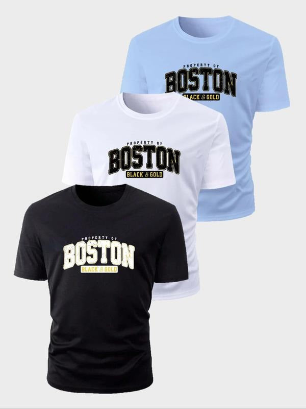 Men's Letter Print Round Neck Tee, Regular Fit Casual Short Sleeve Crew Neck T-Shirt for Summer, Men's Top for Daily Wear...