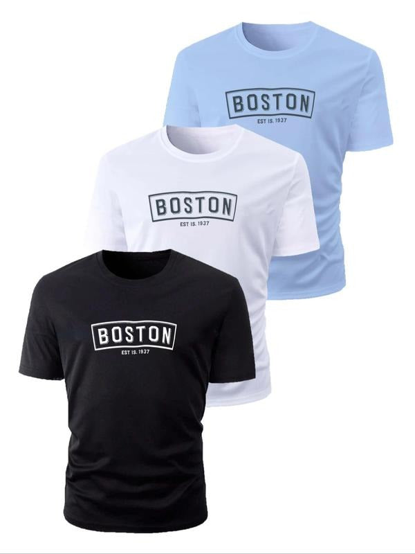 Men's Letter Print Round Neck Tee, Regular Fit Casual Short Sleeve Crew Neck T-Shirt for Summer, Men's Top for Daily Wear...