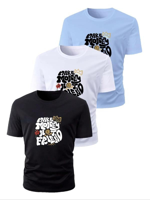 Men's Letter Print Round Neck Tee, Regular Fit Casual Short Sleeve Crew Neck T-Shirt for Summer, Men's Top for Daily Wear...