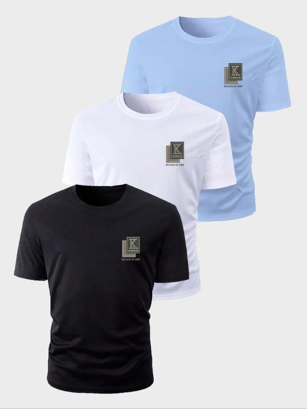 Men's Letter Print Round Neck Tee, Regular Fit Casual Short Sleeve Crew Neck T-shirt for Summer, Fashion Men's Top for...