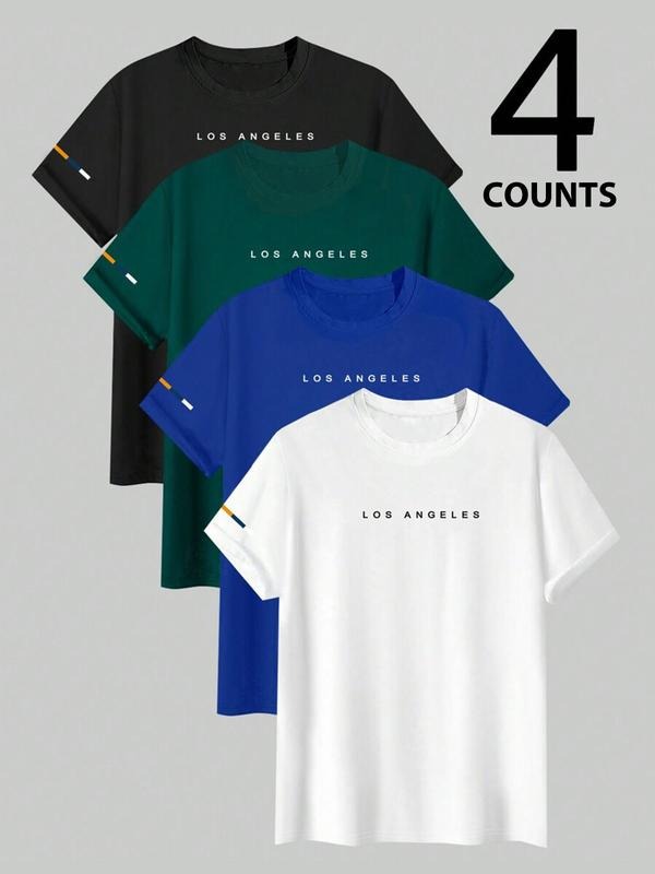 Men's Letter Print Round Neck Tee, Regular Fit Casual Short Sleeve Crew Neck T-shirt for Summer, Men's Top for Daily Wear...